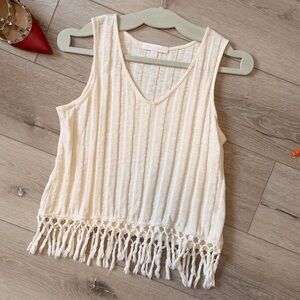 Anthropologie Cream Fringe Hem Tank Top